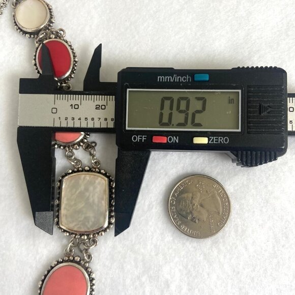 Sterling Silver 925 Chunky Mother Of Pearl Pink Red Rolo Chain Panel Necklace - Picture 14 of 16